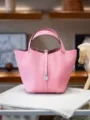 Pink leather bucket handbag top layer cowhide classic design tote bag stylish 22cm purse - L22 H21 W18cm, Silver Buckle / 3Q Pink