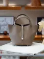 Genuine Leather Bucket Handbag Taupe Tote Bag with Silver Padlock and Double Top Handles - L22 H21 W18cm, Silver Buckle / Elephant Gray