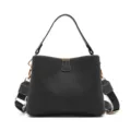 Black leather crossbody bag for women, stylish niche handbag with wide strap and gold hardware. - 25*11*18cm / Black