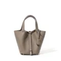 Genuine leather bucket handbag, elegant classic taupe casual tote bag with lock closure. - 18*13*13 cm / Elephant Grey [Silver Buckle]