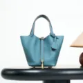 Blue genuine leather bucket handbag, classic top-layer cowhide tote bag for women stylish. - 18*13*13 cm / Denim Blue with Gold Buckle