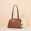 Genuine leather shoulder bag for women, stylish contrast canvas underarm handbag, brown. - 26*9*15cm / Gold Brown
