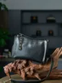 Classic black genuine leather crossbody bag, vintage retro shoulder pillow bag with metal rivets. - Black