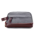 Sac pochette homme rétro en toile gris trousse de toilette casual bordure cuir PU - Gris