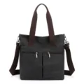 Borsa a tracolla in tela grigio scuro con manici marroni, shopper casual versatile da donna. - Nero