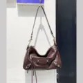 Vintage brown leather motorcycle shoulder bag with metal studs and tassel zipper pockets. - 28*9*19 cm / Coffee