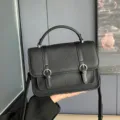 Black leather satchel crossbody bag for women, chic top handle messenger shoulder bag. - 23*8*16CM / Black
