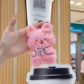 Cute pink bunny plush toy keychain with boba tea embroidery soft fluffy rabbit doll pendant - Pink Rabbit