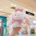 Cute pink plush bunny rabbit keychain with plaid bow and scarf soft bag pendant charm. - 14cm Standard Chain / Pink