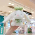 Cute plush rabbit pendant with green checkered bow and scarf, soft toy bag charm keychain. - 14cm Standard Chain / White