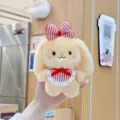 Cute plush rabbit pendant with plaid bowknot and bib, soft stuffed doll bag charm decoration. - 17cm Standard Chain / Khaki Rabbit