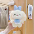 Cute plush bunny pendant with blue bow and apron, soft stuffed doll bag charm keychain. - 17cm Standard Chain / Beige Bunny