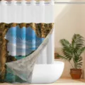 Detailed view of the ocean landscape shower curtain with large rings in a bathroom setting. - 180x188cm Single Shower Curtain / Ocean Cave Landscape (26SYL-1)