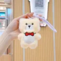 Cute plush bear keychain pendant detail view, soft stuffed animal bag charm accessory. - Beige Bear