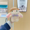 Cute plush bunny pendant detail view, soft toy with stylish hat and cute bow for bag charm. - Regular Hanging Chain / Pink