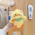 Cute yellow chick plush toy keychain pendant with tennis racket and scarf for schoolbag decoration. - Regular Hanging Chain / Green Scarf