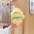 Cute yellow chick plush keychain with tennis racket and scarf, fluffy bag charm for kids. - Regular Hanging Chain / Blue Scarf