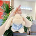 Cute fluffy long-eared rabbit plush keychain with blue plaid dress, perfect bag charm detail. - Blue Skirt with Gold Buckle / 11cm