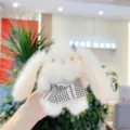 Cute white plush long-ear rabbit doll toy with black and white plaid skirt keychain bag charm. - Black Dress Hanging Chain / 11cm