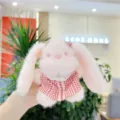 Pink plush bunny bag charm with red plaid dress, cute stuffed rabbit keychain for women and girls. - Red Dress Hanging Chain / 11cm