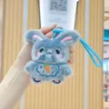 Cute blue plush bunny keychain with embroidered details and carrot motif, soft toy pendant. - Grey Rabbit