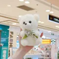 Cute white plush bear pendant with green lace bow, soft stuffed toy keychain for bags. - 12cm Standard Chain / White
