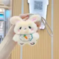 Cute fluffy rabbit plush keychain charm with embroidered carrot detail, soft toy pendant. - Beige Rabbit