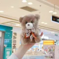 Cute bow tie teddy bear plush toy pendant with lace bow decoration for bags and keys - 12cm Standard Chain / Dark Coffee