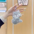 Cute grey animal plush toy keyring pendant, soft embroidered doll detail view for bags. - Grey Fox