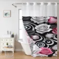 3D floral shower curtain with sheer top panel and black white swirl rose pattern bathroom decor - 181x188cm Single Shower Curtain / Pink White Rose Swirl