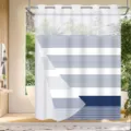 Minimalist geometric striped shower curtain with top mesh, double layer design for bathroom. - Blue Striped Style (26SYL-2) / Single Shower Curtain / Blue & White