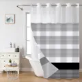 Modern black and white striped shower curtain with sheer top and large grommets for bathroom. - 180x188cm Single Shower Curtain / Black White Striped Style (26SYL-3)