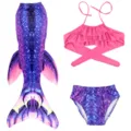 Set costume da bagno sirena per bambina con coda viola e top halter rosa per estate - Taglia 110 (Adatta per 100-110 cm) / Set / MRY-107-E (gonna + mutandine + reggiseno)
