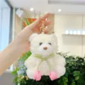 Cute white plush bear keychain with green ribbon and pink flowers, soft bag pendant charm. - Tulip Bear / Golden Buckle / Pink / 11-15cm