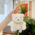 Cute white plush bear keychain with green ribbon and tulip pendant for bags and keys. - Tulip Bear / Golden Buckle / Purple / 11-15cm