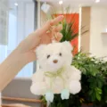 Cute white plush bear keychain with green ribbon, fluffy doll bag charm for women and girls daily. - Tulip Bear / Gold Buckle / Blue / 11-15cm