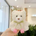 Cute white plush bear bag charm with green ribbon and pink tulip pendants, soft key chain toy. - Tulip Bear / Hanging Chain / Pink / 11-15cm