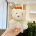 Cute white fluffy bear plush toy pendant with green ribbon and purple tulip decorations. - Tulip Bear / Hanging Chain / Purple / 11-15cm