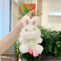 Cute plush rabbit keychain with pink ears and green ribbon, soft stuffed animal bag charm. - Tulip Rabbit / Golden Buckle / Pink / 11-15cm