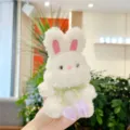 Cute white plush rabbit bag charm with purple tulip and green ribbon, soft toy keychain. - Tulip Rabbit / Hanging Chain / Purple / 11-15cm