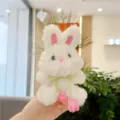 Cute white plush bunny keychain with pink flowers soft fluffy bag charm backpack pendant - Tulip Rabbit / Hanging Chain / Pink / 11-15cm