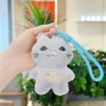 Grey plush cat keychain pendant detail, cute claw machine doll with blue strap and fish. - Gray / 12cm Colored Rope