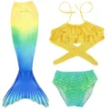 Kids mermaid swimsuit set with ruffled top and gradient tail for swimming and beach fun. - Size 110 (100-110 cm) / Set / MRY-006-D (Skirt + Panties + Bandeau)