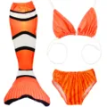 Kids mermaid swimsuit set with tail bikini top and bottoms, orange clownfish pattern for girls. - MRY-006-E (Skirt + Panties + Bandeau)