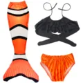 Kids cute clownfish pattern mermaid swimsuit set with black ruffled top and matching bottoms. - MRY-006-F (Skirt + Panties + Bandeau)