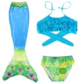 Kids mermaid swimsuit 3-piece set with tail, ruffle bikini top and bottoms, blue green scale. - MRY-006-H (Skirt + Panties + Bandeau)
