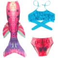 Set costume da bagno sirena per bambini, coda rossa e top bikini con volant blu variante - MRY-207-C (Gonna + mutandine + reggiseno) / Taglia 110 (Adatta per 100-110 cm)