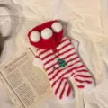Christmas dog clothes red white striped hooded plush jumpsuit with cute pom poms for small pets - XS / Red Christmas Tree