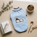 Cute blue knit pet sweater for small dogs and cats, cozy winter apparel with house embroidery. - XS (1-3 lbs) / Blue Embroidered Little House