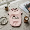 Cozy pink knitted pet sweater with brown trim and cute house embroidery for small dogs cats - XS (1-3 lbs) / Pink Embroidered Little House